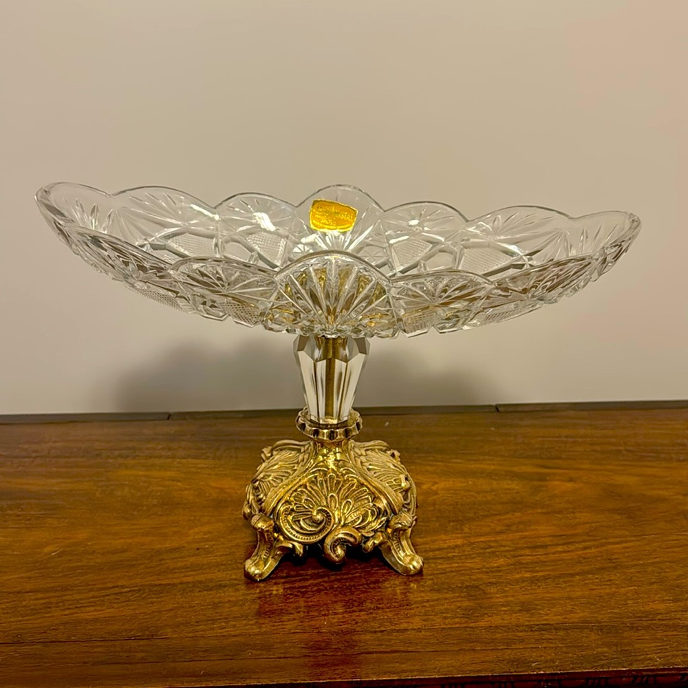 Vintage Oval Cut Crystal & brass Pedestal 13” Width Compote Center Piece Bowl.
